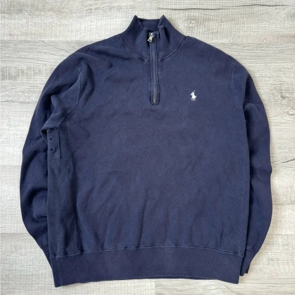 Polo Ralph Lauren Men’s XL Navy Cotton Blend Quarter Zip Sweater White‎ Pony
